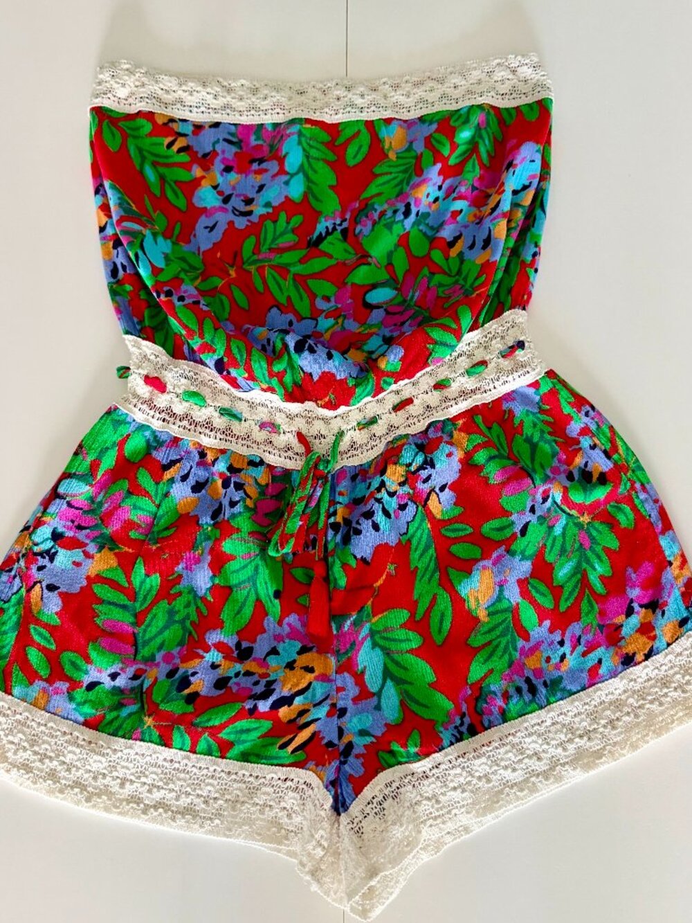 aerie Red Floral Strapless Romper with Lace Trim